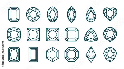 Collection of gemstone and diamond cut shapes, vector outline icons