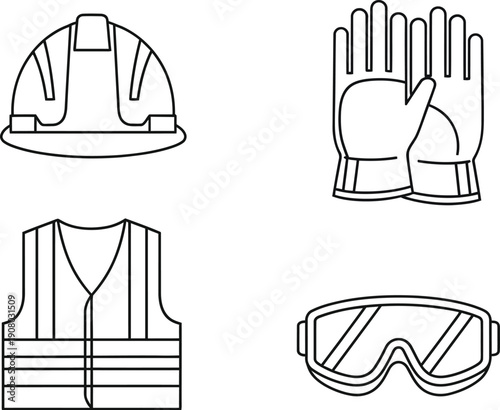 Collection of four essential line art icons representing necessary personal protective equipment for construction safety and industrial work environments