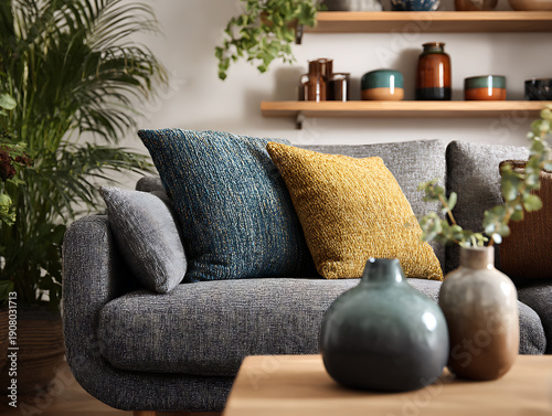 Cozy living room sofa with textured cushions and decorative vases on a coffee table