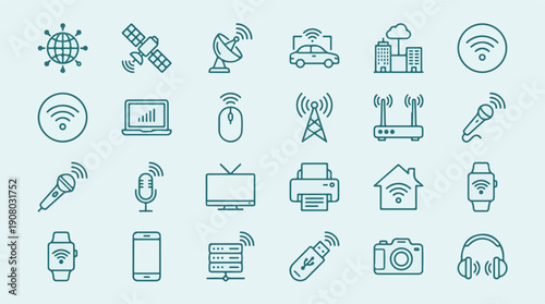 Technology and Communication Line Icons Set for Wireless Connectivity
