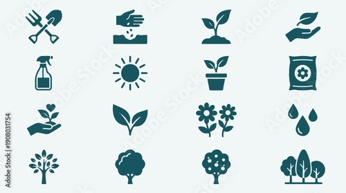 Gardening and Nature Icons Set: Plants, Tools, Growth, and Environment