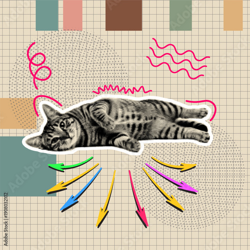 Halftone Collage style close up of reclining striped cat surrounded by colorful arrows and abstract geometric shapes on beige grid background with playful bright accents