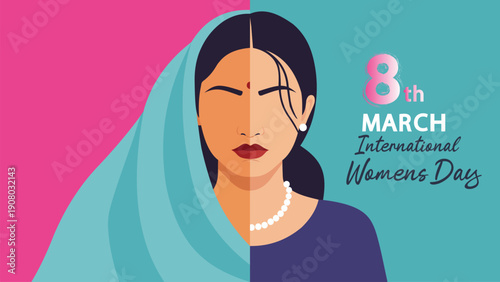Vibrant illustration celebrating international womens day on march 8th, featuring a stylized portrait of an indian woman in traditional attire against a colorful background