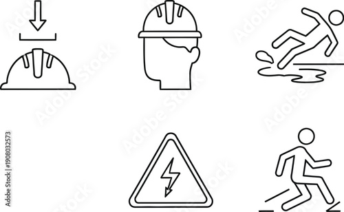 Set of essential black outline pictogram icons representing various important construction site safety warnings and hazard symbols for workplace guidance.