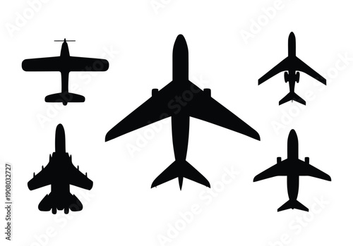 Black Aircraft Silhouette Set Featuring Passenger and Military Planes for Aviation and Transportation Design
