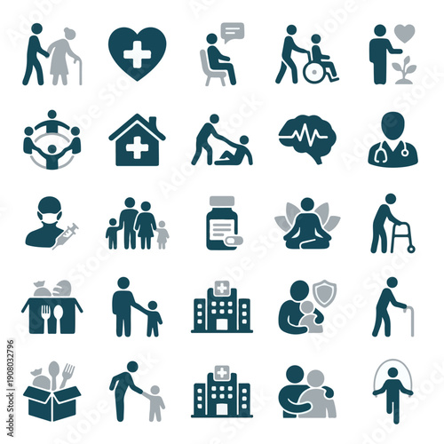 Healthcare, Social Care, and Well-being Vector Icons Set