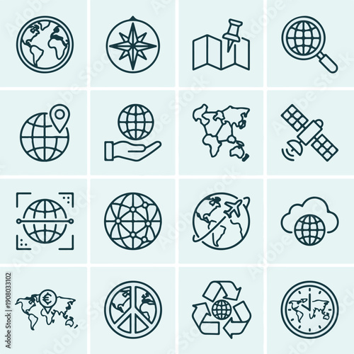 Global Travel, Technology and Geography Line Icons Set