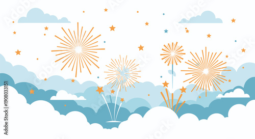 Fireworks explosion in sky with clouds, vector illustration for banner or poster, celebration background overlay