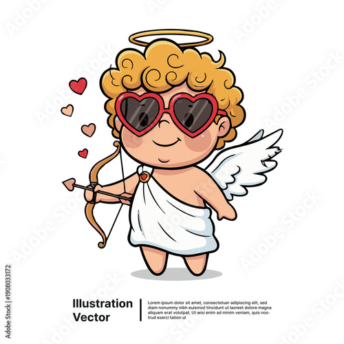 Cartoon cupid with heart-shaped sunglasses and halo flying with bow and arrow surrounded by hearts