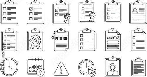 Collection of black and white line icons representing various documents clipboards surveys schedules tasks and time management elements for business.