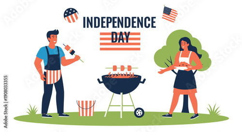 4th of July BBQ illustration, Independence Day vector graphic, American flag celebration, outdoor grill scene, summer party decoration, festive banner or poster element