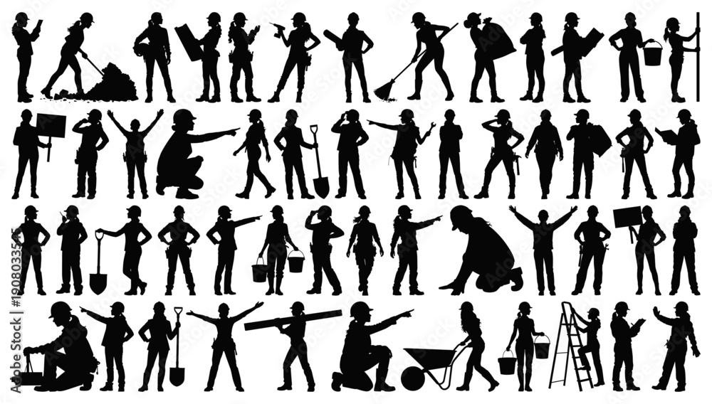 Fototapeta premium Female Construction Worker and Builder Silhouettes Collection in Various Working Poses Transparent Background