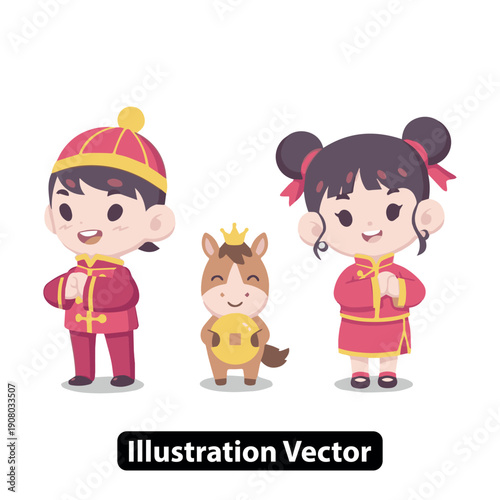 Children dressed in traditional attire standing with a crowned horse illustration vector graphic