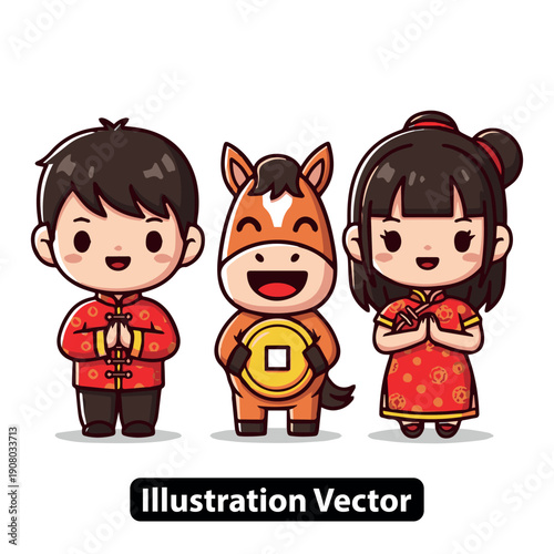 Cartoon boy, girl, and horse figurine standing together in traditional attire