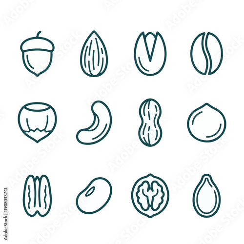 Set of Various Nuts and Seeds Outline Icons - Healthy Food Collection