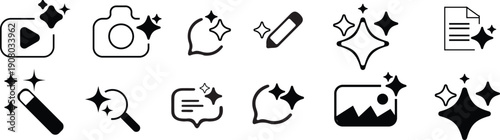 vector illustration of a set Generative AI logo icon set. Artificial intelligence icons. featuring search, edit, chat, photo, magic, sparkle, stars, prompt, AI, creative tools.
