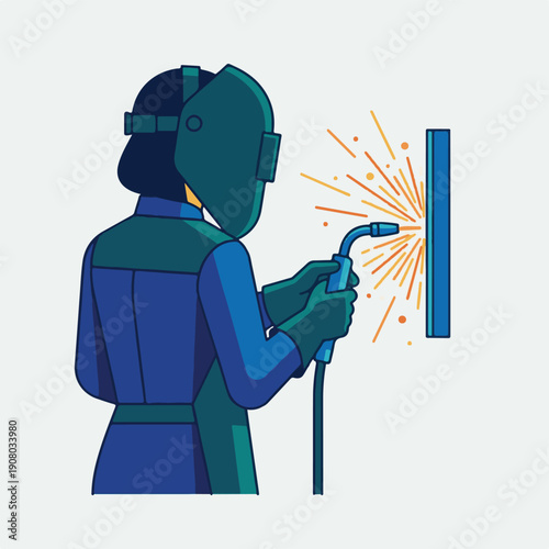 Industrial welder in protective gear creating sparks during metalwork