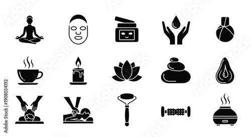Spa Wellness and Relaxation Therapy Solid Icons Set