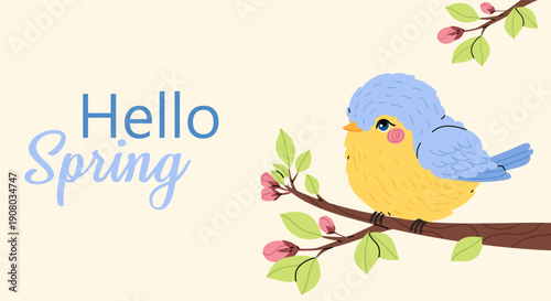 Hello spring banner with a cute bird sitting on blossoming branch. Seasonal illustration for greeting cards, websites, mobile apps, social media posts and spring promotions.