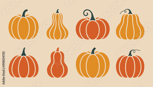 Minimal Pumpkin and Squash Flat Icons Set with Autumn Harvest Gourds