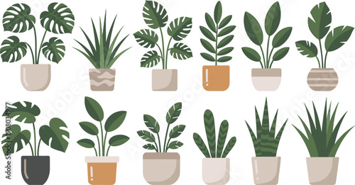 Indoor Houseplants Flat Illustration Set with Potted Green Plants and Modern Home Decor