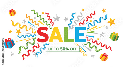 Colorful sale banner with confetti, ribbons, stars, and gift boxes, for advertising or discount promotion, isolated on transparent background, png