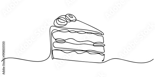Single Line Drawing of Delicious Two Layered Cake Slice with Icing, Continuous Single Line Drawing of a slice of cake, Minimalist Monoline Dessert Illustration, Simple Contour Vector Sweet Birthday.