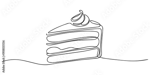 Single Line Drawing of Delicious Two Layered Cake Slice with Icing, Continuous Single Line Drawing of a slice of cake, Minimalist Monoline Dessert Illustration, Simple Contour Vector Sweet Birthday.