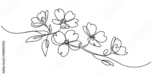 Dogwood Flowers continuous one line drawing, Elegant dogwood floral outline, minimalist botanical illustration, Elegant single line drawing of a Dogwood bloom, conveying simpli, Dogwood tree Hand draw