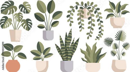 Potted Houseplants Flat Illustration Set with Indoor Greenery and Modern Home Decor