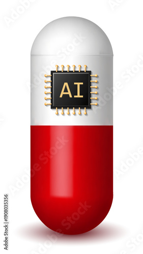 3D vector illustration of capsule pill with AI microchip symbolizing artificial intelligence, digital, health, future technology, ai, capsule, chip, technology, medical, innovation, futuristic