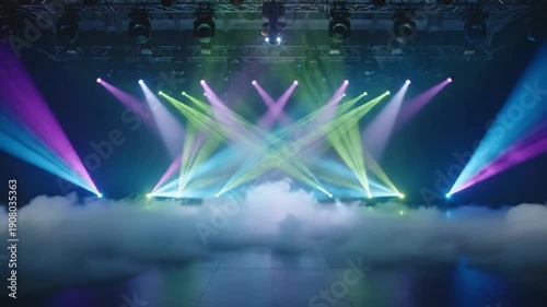 Abstract Neon Projector Light Beams on Empty Stage with Volumetric Fog