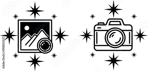 Minimalist black and white camera and mountain hiking icons with stars design