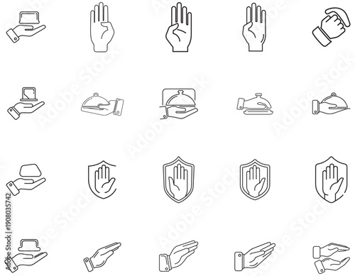 Collection of Hand Gestures and Icons Representing Service, Protection, and Offering