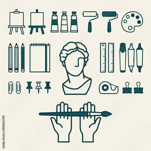 Art and Stationery Supplies Line Icons Set for Creative Work