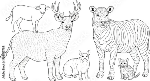 Collection of farm and wild animals in line art style: sheep, deer, cow, cat, and a unique zebra-patterned bull.