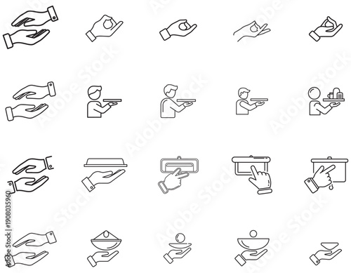 Collection of Line Icons Depicting Hands Serving and Presenting Food and Objects