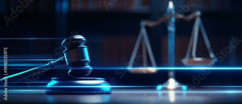 Justice system symbol with gavel and scales.