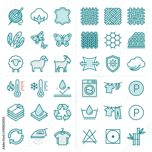 Textile fabric types, material properties, and clothing care icons set