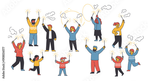 Vector illustration of diverse people celebrating with sparklers and thought bubbles, for website or social media banner