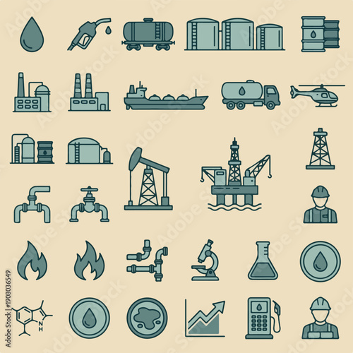 Oil and Gas Industry Icons: Energy Production, Logistics, and Science Set
