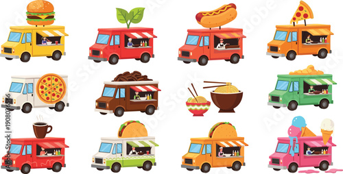 Vector collection of colorful street food trucks serving pizza, burgers, tacos, coffee, and ice cream.