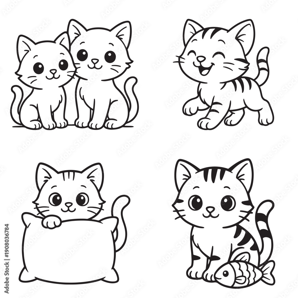 Fototapeta premium Two cute kittens, playful kitten, kitten with pillow, kitten with fish, outline vector