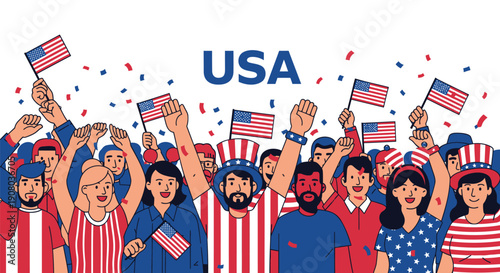 Vector illustration of diverse people celebrating with USA flags, confetti, and patriotic clothing, for banner or poster