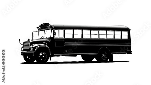 Black and white illustration of a classic school bus in profile. Depicting vehicle's side view