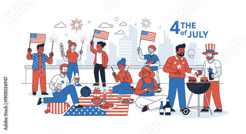 4th of July celebration, patriotic vector illustration, American flag, fireworks, BBQ, festive people, Independence Day, USA holiday, summer fun, vector graphics for banner or poster