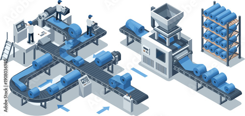 Automated industrial factory production line with workers conveyor belt and machinery, cad drawing flat vector illustration