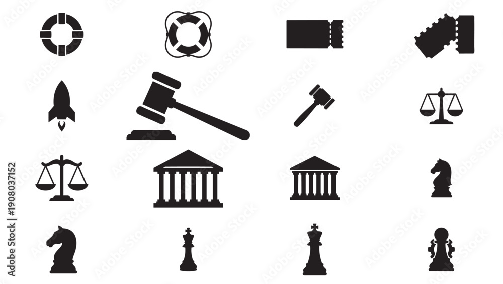 Fototapeta premium Set of 16 Black and White Law and Justice Vector Icons