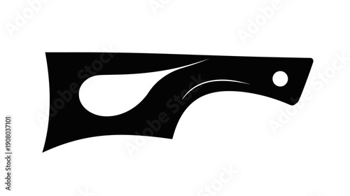 A black, abstract, curved shape against a white background, with a teardrop and dot