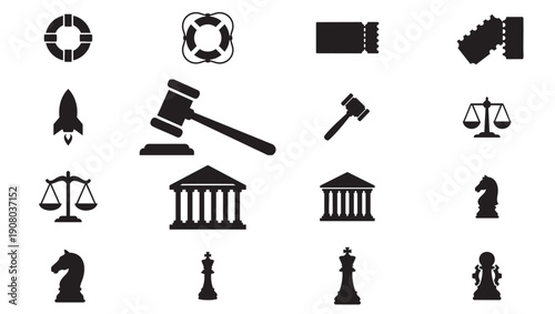 Set of 16 Black and White Law and Justice Vector Icons
